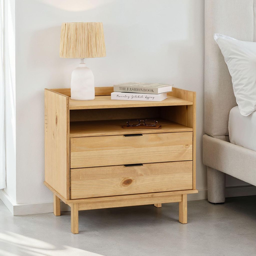 Nachttisch TEPERA mit 2 Schubladen und Ablagefach, Gebeizt/Gewachst – Kiefernholz Nachtschrank aus Massivholz, Naturholz Nachtkommode mit offener...