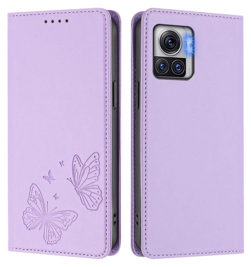 Lederhülle für Motorola Edge 30 Ultra/Moto X30 Pro, Schmetterling Prägung Leder Brieftasche Schutzhülle mit Ständer Violett