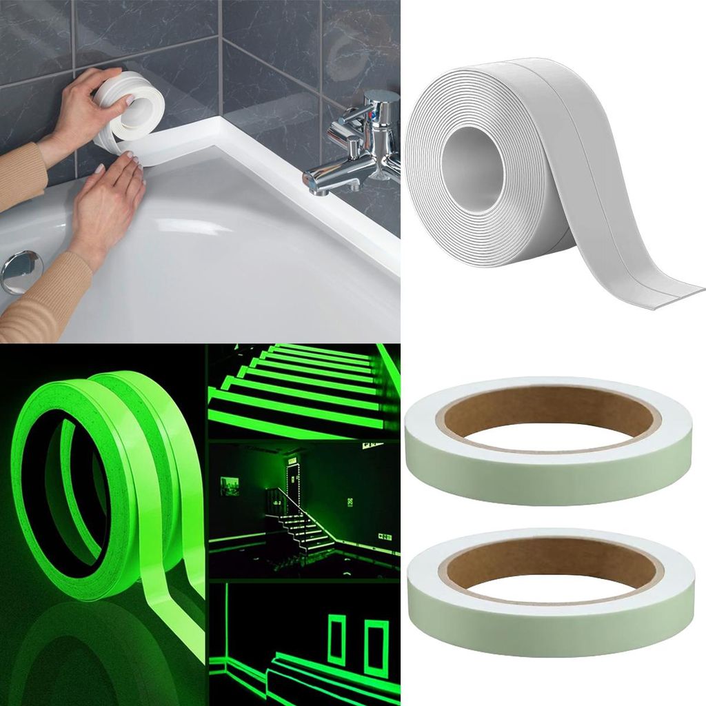 2-in-1 Haushalts-Sicherheits-Set: 2x Leuchtband selbstklebend 5 m, Glow in the Dark + 1x PVC-Dichtungsband für Bad & Küche (3.2 m, wasserdicht)H0...