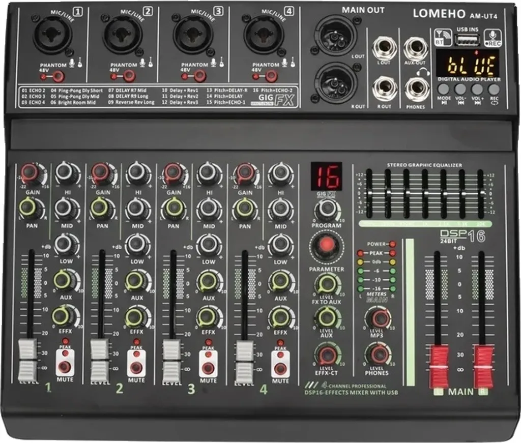Mixer Audio Professionale 4 Canali | EQ 7 Bande | USB Input UE