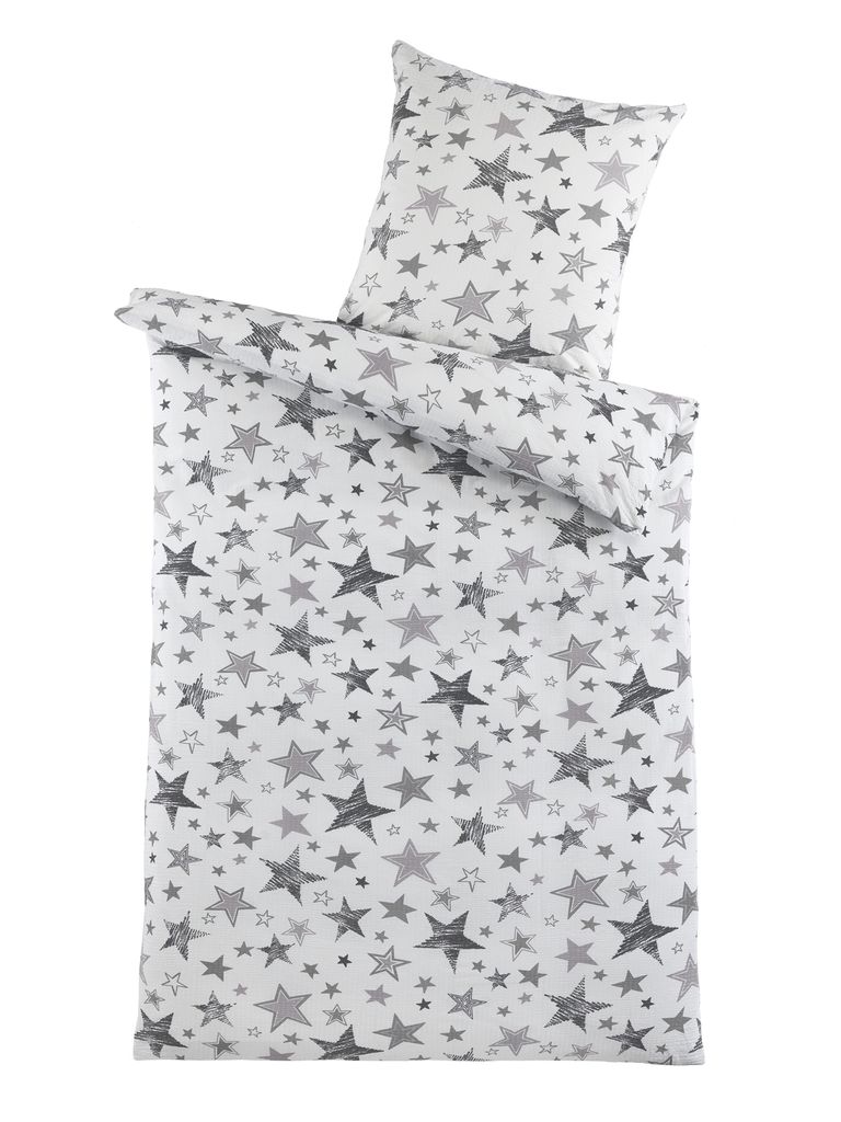 Bettwäsche Seersucker Baumwolle LUNA Sterne BÜGELFREI ca. 135x200 cm + ca. 80x80 cm mit Reißverschluss Größe: 2 teilig