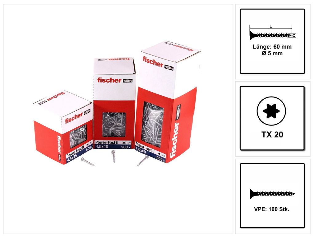 Fischer Power-Fast II FPF II Spanplattenschraube 5,0x60 mm 100 Stück ( 670360 ) Senkkopf mit Torx Vollgewinde galvanisch verzinkt, blau passiviert