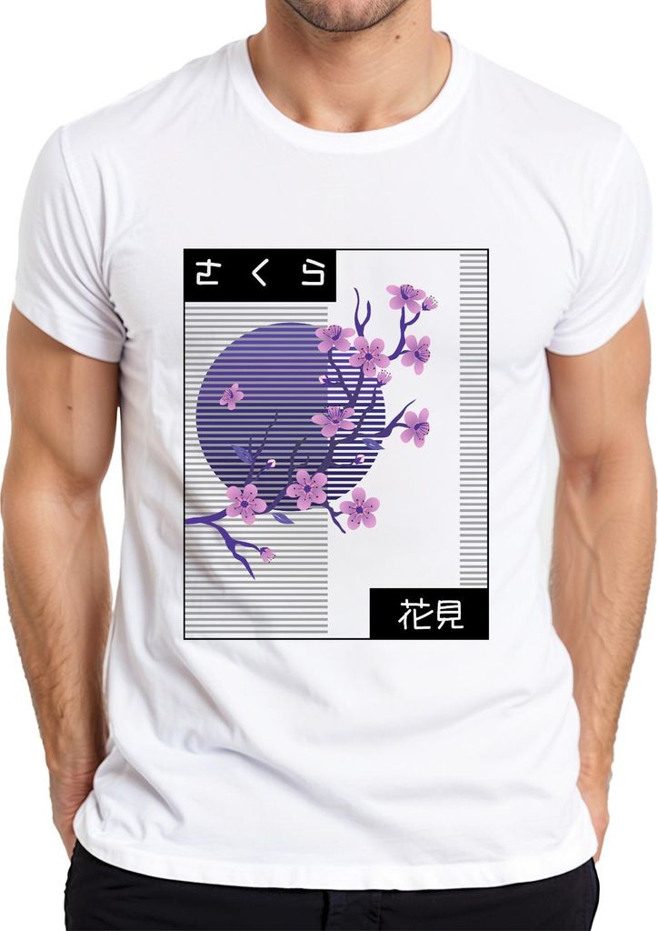 Kirschblüten Sakura さくら 花見 Hanami Japan Retro Vaporwave Nacht Herren T-Shirt, Weiß, L