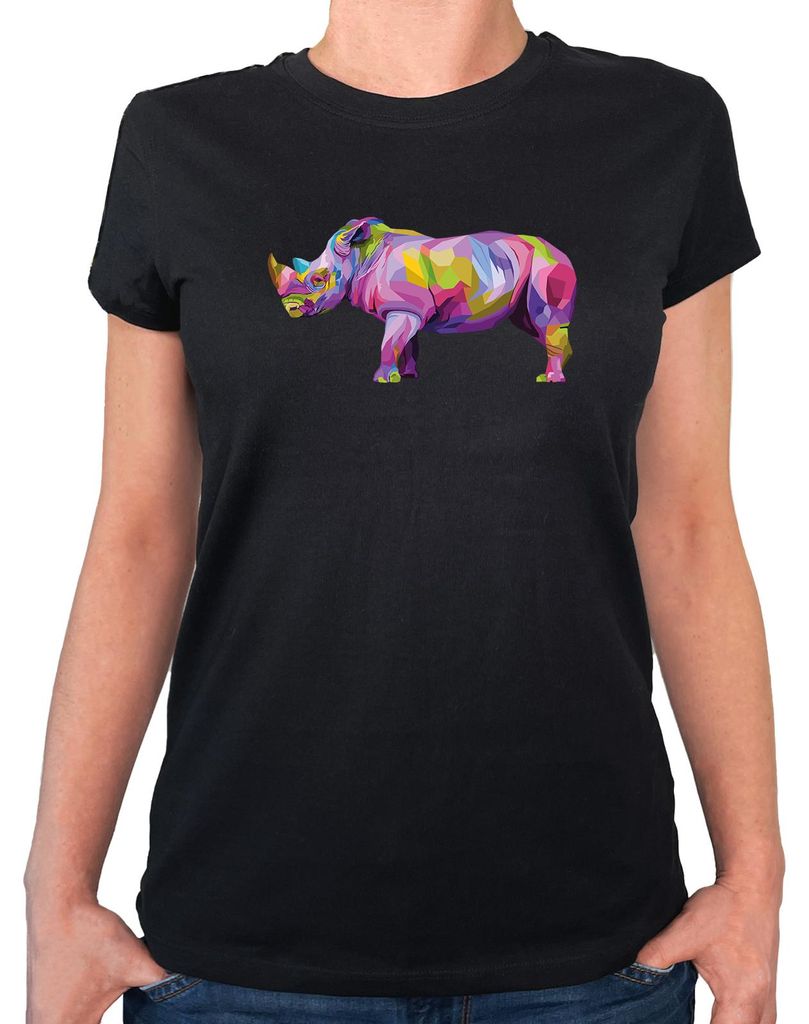 Huuraa Damen T-Shirt Nashorn Colorful M Black Bio Baumwolle Fairtrade Damenshirt Geschenkidee