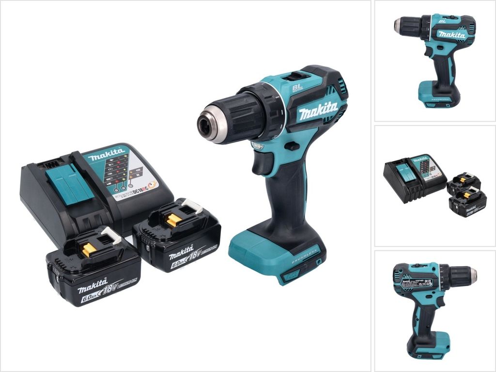 Makita DDF 485 RG Akku Bohrschrauber 18 V 50 Nm Brushless + 2x Akku 6,0 Ah + Ladegerät