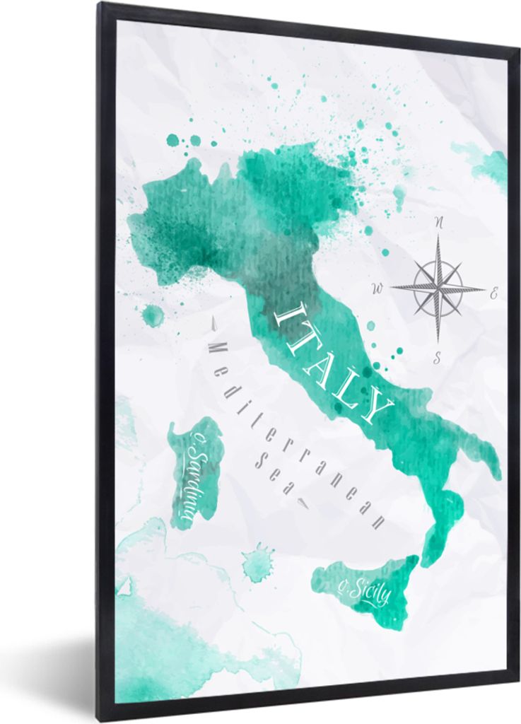MuchoWow MuchoWow Gerahmtes Poster Italien - Weltkarte - Türkis 20x30 cm - Poster mit zchwarzem Bilderrahmen - Drucken - Bilder Poster im Rahmen