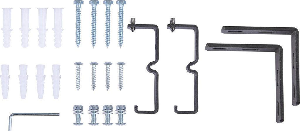 A collection of hardware components, including screws, wall anchors, and brackets, laid out on a white background.
