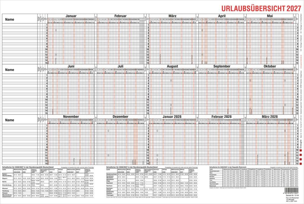 2027 GÜSS Urlaubsübersicht im Querformat f. 15 Mitarb. Produktbild 