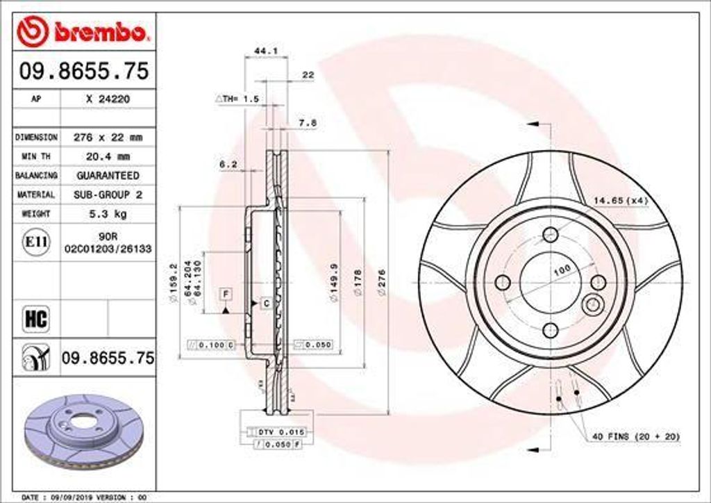 BREMBO 09.8655.75 Bremsscheibe OE 34111502891 kompatibel mit Mini