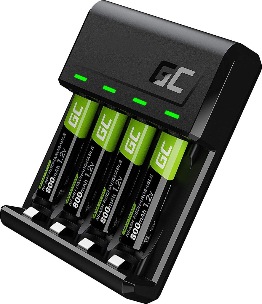 Green Cell VitalCharger Batterieladegerät Ladegerät + 4X AAA 800mAh für NI-MH AA AAA R6 R03 Mignon Akku. Mit Micro USB USB-C. 4-Kanal-Ladesystem...