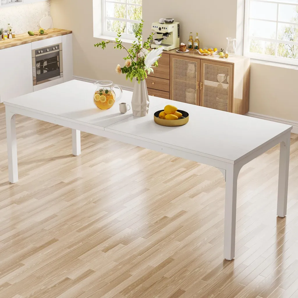 Table à manger gain de place 200x70 cm pour 10 personnes, style bois blanc