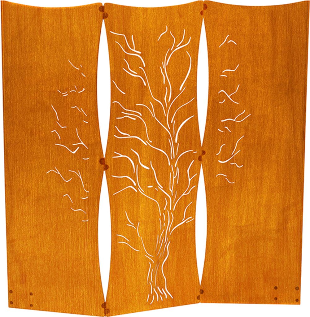 A decorative garden screen with a tree motif.