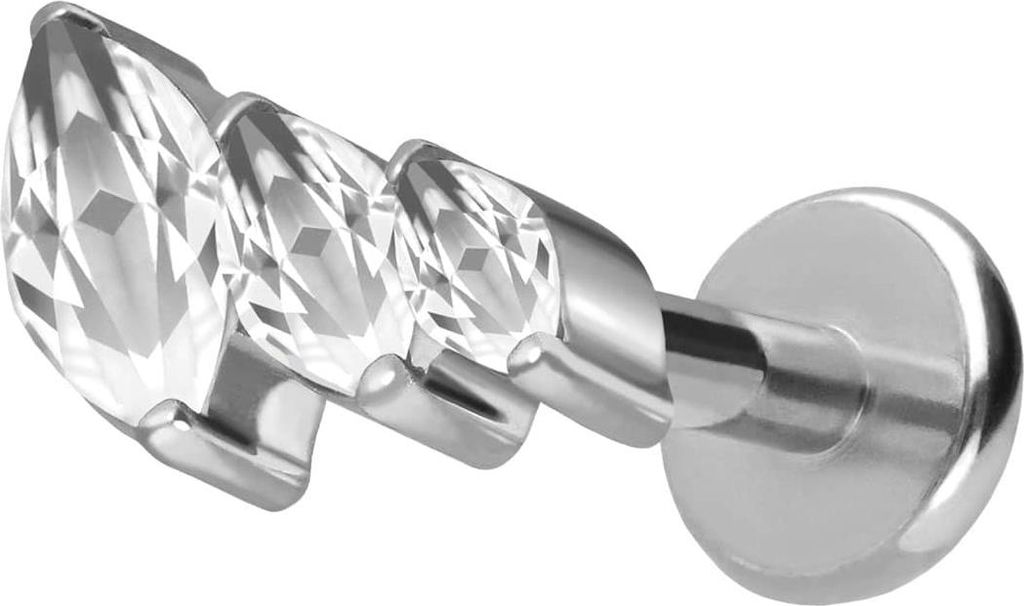 Ohrpiercing, Nasenpiercing Titan Labret mit Push Fit 3 EINGEFASSTE KRISTALLTROPFEN Silber Stablänge: 10mm | Stabstärke: 1,2mm