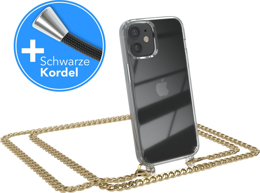 EAZY CASE Metall Handykette für Apple iPhone 12 Mini, Handyhülle mit Umhängeband, Silikonhülle, Metallkette für Smartphone in Gold