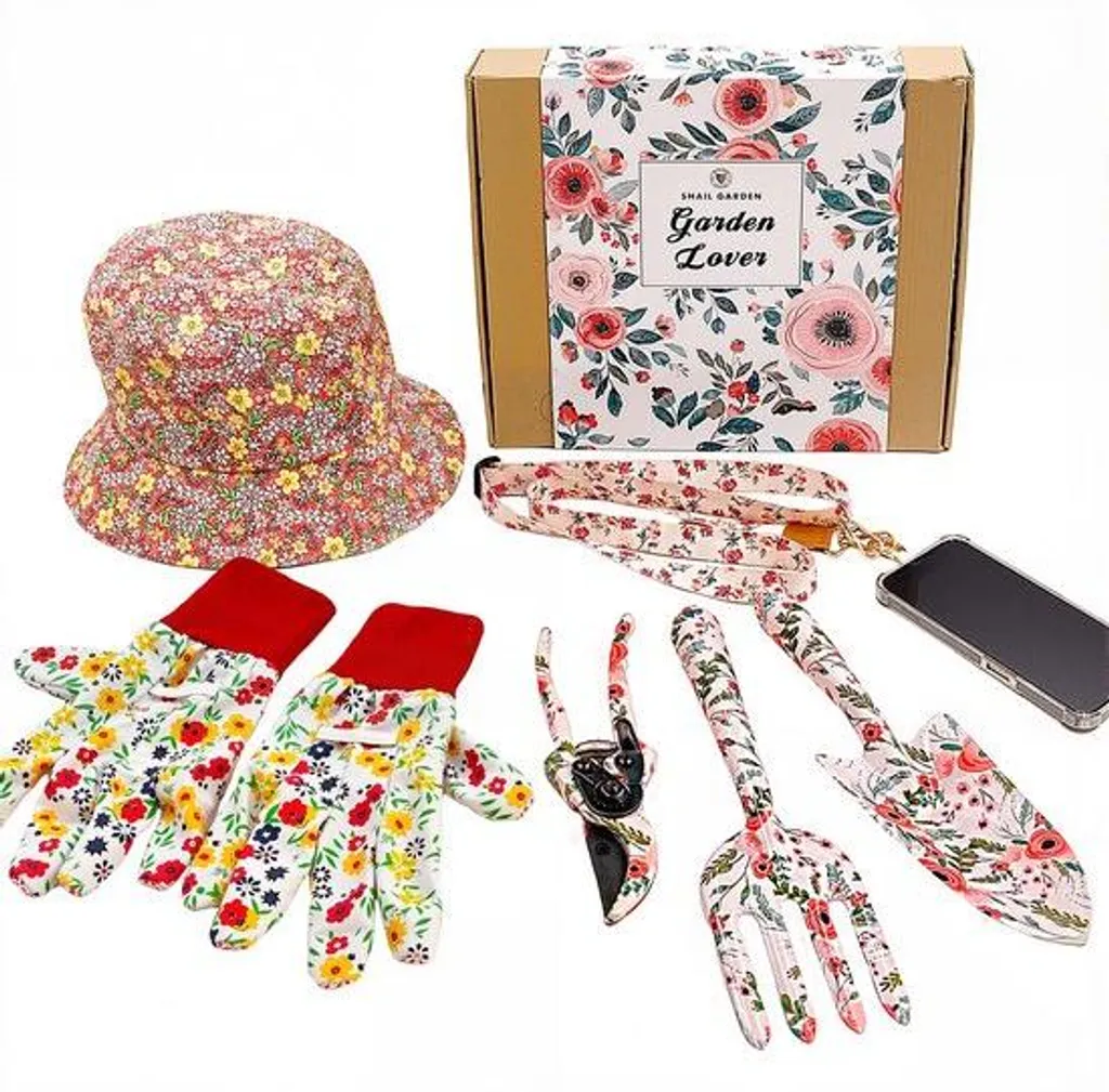 Kit outils de jardinage motif floral 5 pièces avec gants et coffret