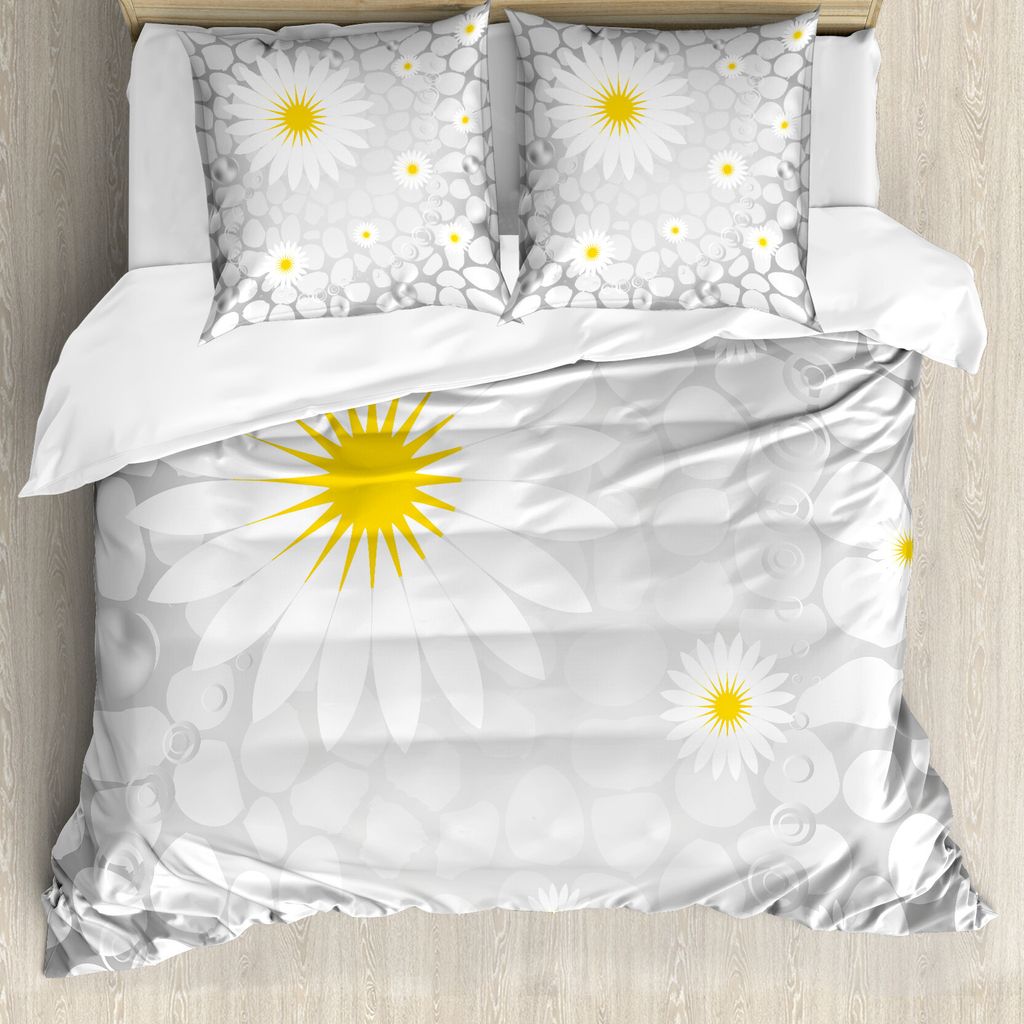 ABAKUHAUS Grau und Gelb Bettbezug, Blumen Tier Dots, Milbensicher Allergiker geeignet mit Kissenbezügen, 155 cm x 220 cm - 80 x 80 cm, Weiß und H...