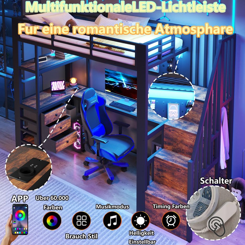 okwish 90×200 Hochbett mit Tisch und Schublade, Jugendbett mit LED-Licht und Steckdose, Einzelbett mit Lochwand, Schwarz,ohne Matratze