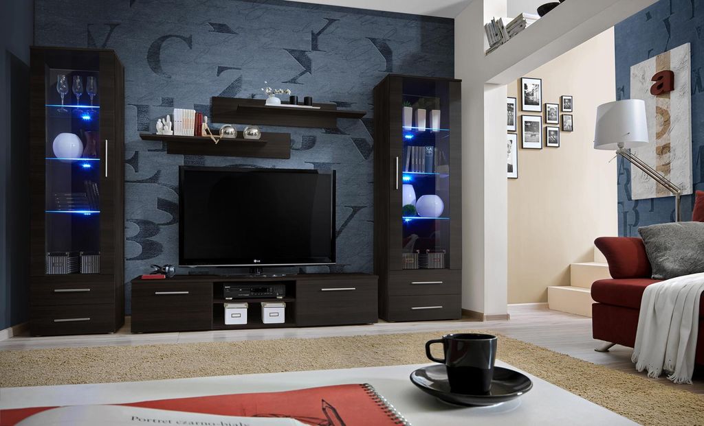 Luxus Schwarz Wohnwand Hochglanz TV-Ständer Sideboard Kommode Lowboard Vitrine