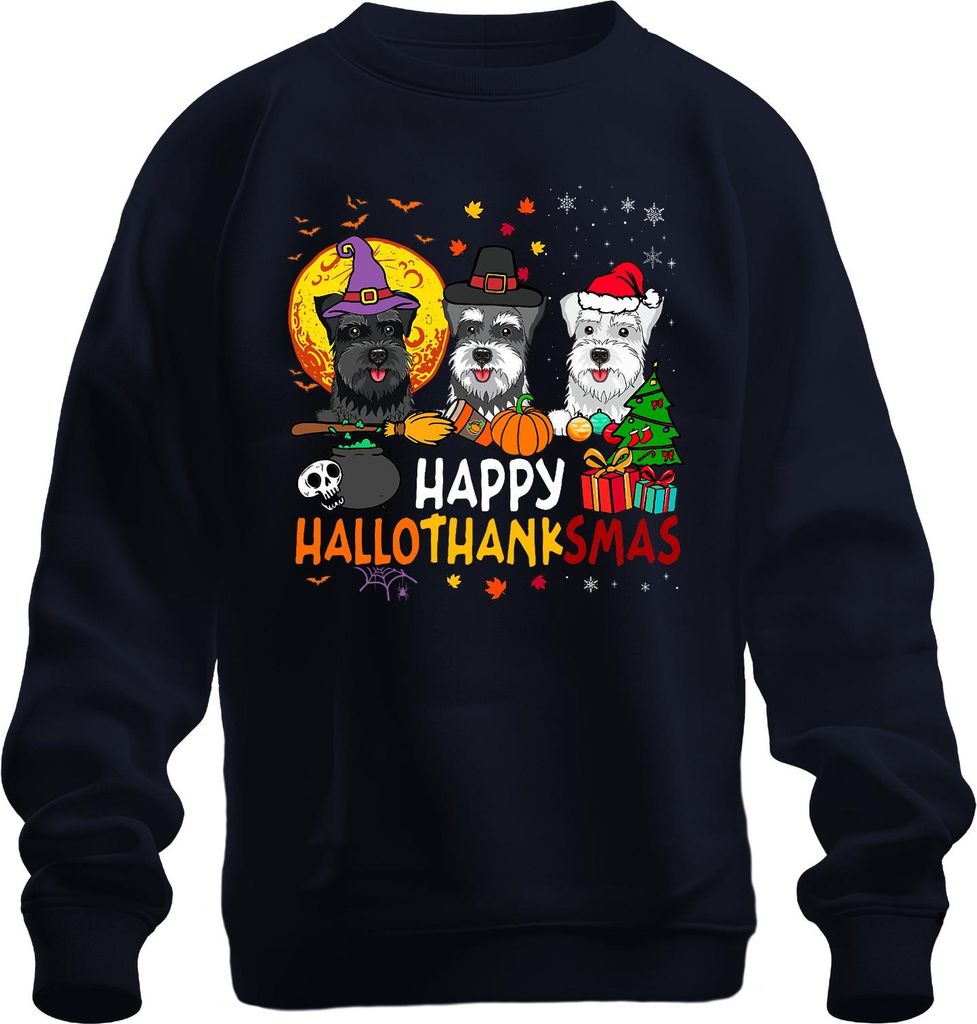 Happy Hallothanksmas Schnauzer Halloween Thanksgiving Weihnachten Uni Sweatshirt Pullover, Navy, M
