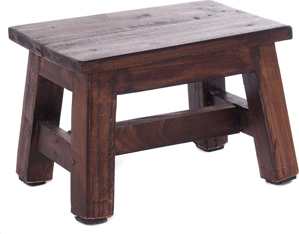 A small, dark brown wooden stool is shown against a white background.