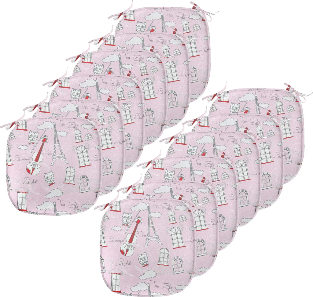 ABAKUHAUS Paris Imbottitura per sedie da sala da pranzo, Violin Eiffel Cat Fly, Cuscino decorativo impermeabile con cinturini per sedie da cucina, 40 cm x 40 cm - Confezione da 12, Rosa pallido Scarlatto Bianco - 1