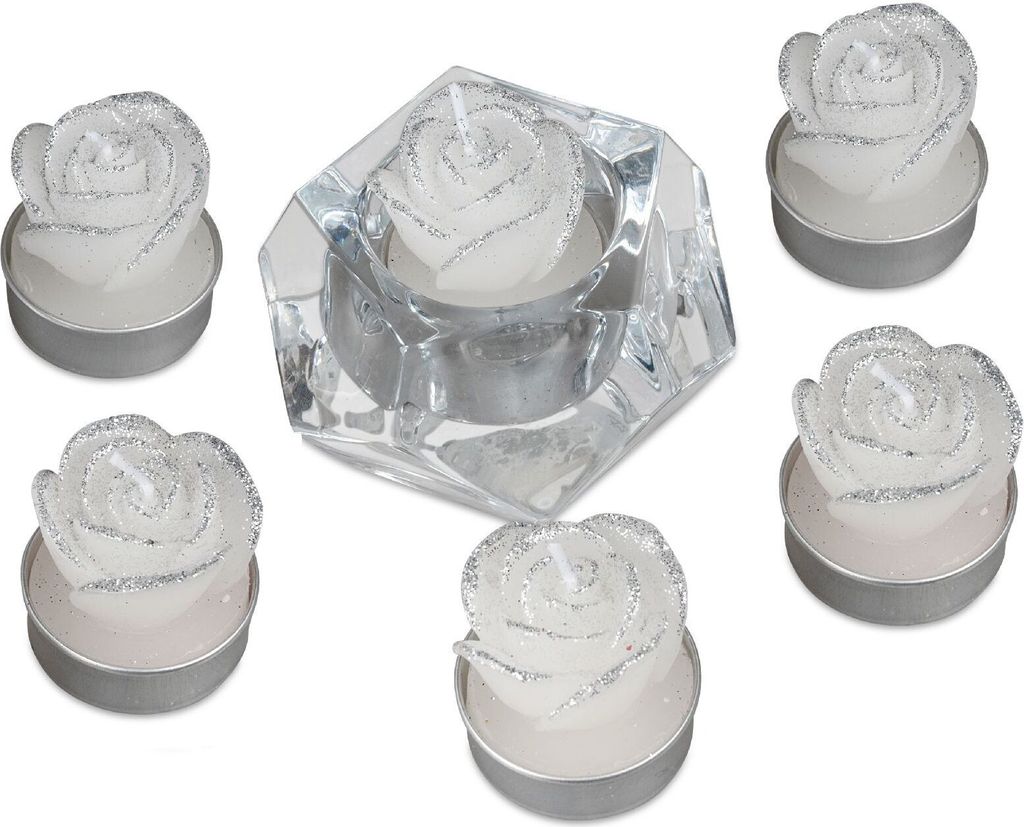6er Pack Teelichter Rosen weiß mit silberglitter in PVC Box Formano W24