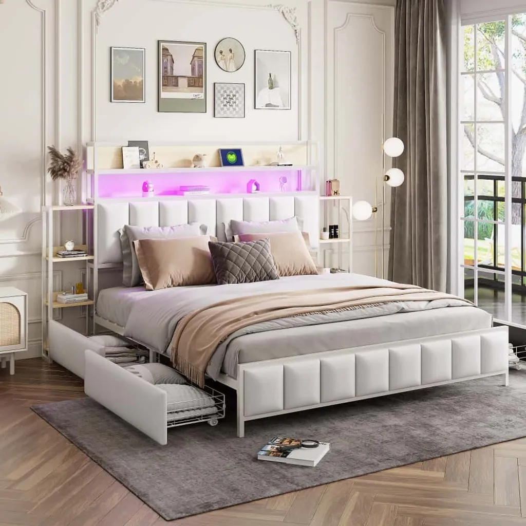 Lit 160x200 robuste pour petits espaces avec 4 tiroirs et éclairage LED