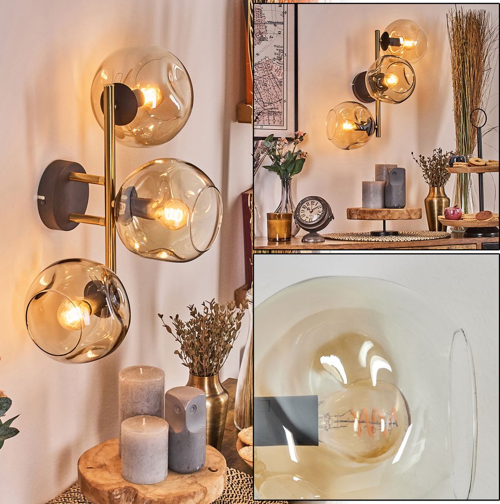 Fossobiubo Wandlampe aus Metall/Glas in Schwarz/Gold-/Bernsteinfarben/Klar