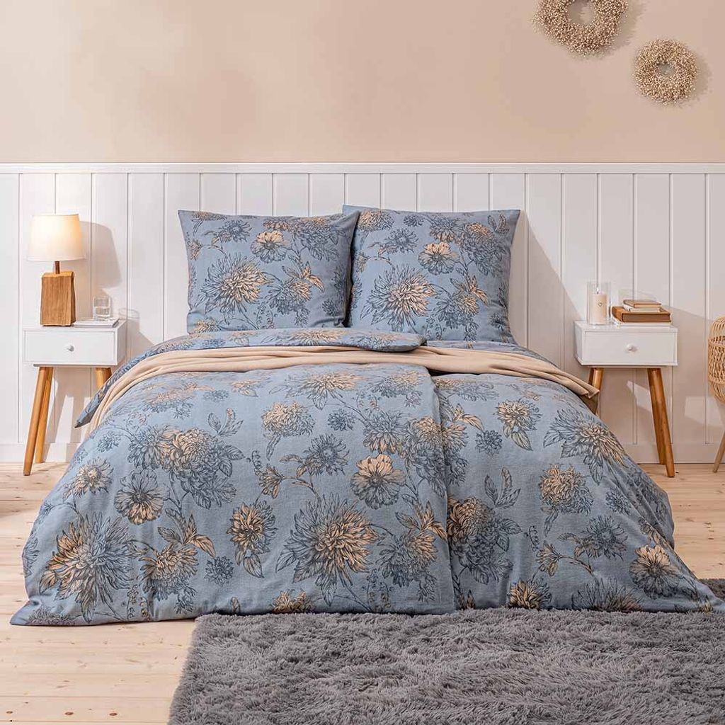 Estella Samt + Seide Flanell Bettwäsche 135x200 Luserna rauch Blumen 5459-830