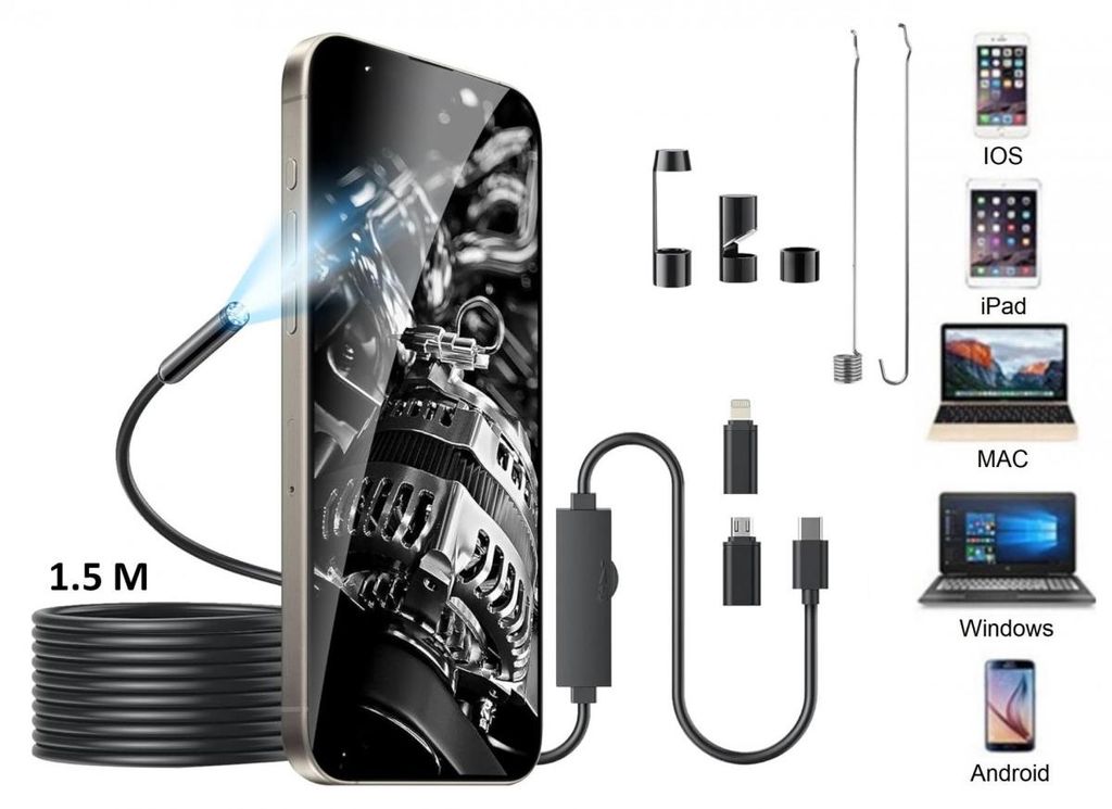 Endoskopkamera für Telefon, Laptop, Computer (iOS, iPhone, Android) mit 1,5 m Kabel
