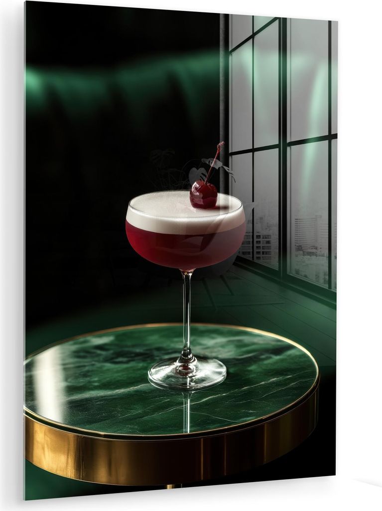MuchoWow Glasbilder - Bilder auf Wandbild - Foto auf Glas Kirsche - Cocktail - Rot - Marmor 60x80 cm Wanddekoration aus Glas - Acrylglasbild - Acry...