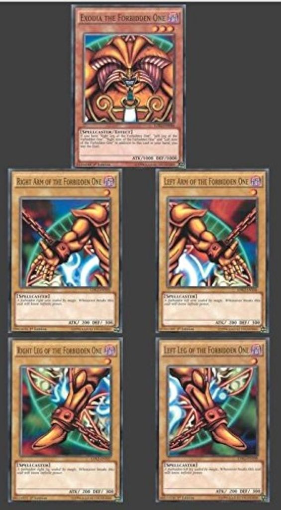 A collage of five Yu-Gi-Oh! trading cards, featuring Exodia the Forbidden One and its body parts.