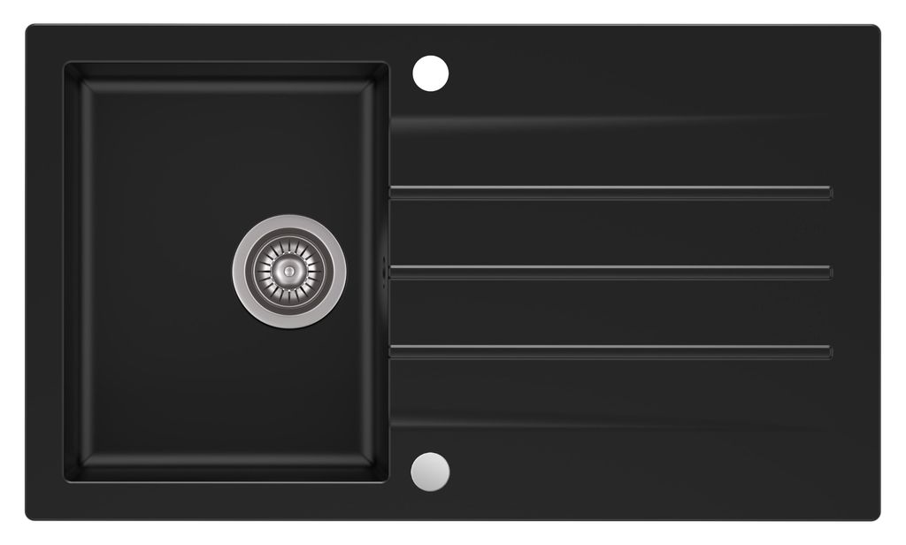 A top-down view of a black granite kitchen sink with a drainer.