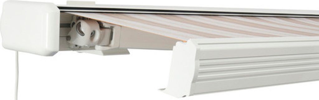 SOLUNA Kassettenmarkise Exquisit 5,5x2,5 Stoff Dessin 6171 Gestell RAL 9010 reinweiß Anrtrieb links ink. Motor und Wands