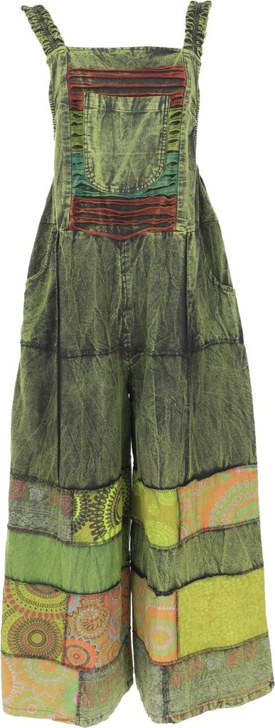 Natürliche Patchwork Boho Latzhose, Overall, Jumpsuit - Grün, Damen, Baumwolle, Hosen