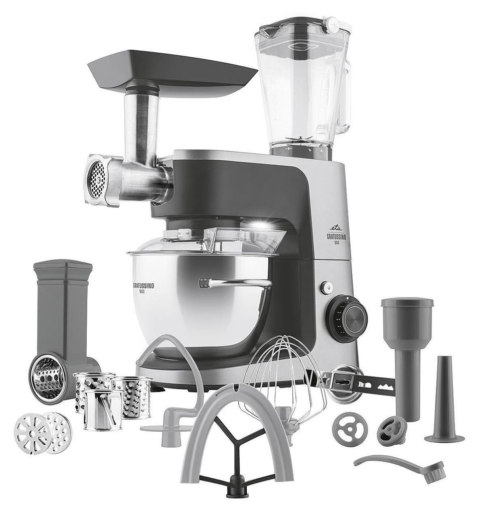 A multi-functional kitchen appliance with various attachments, displayed against a white background.
