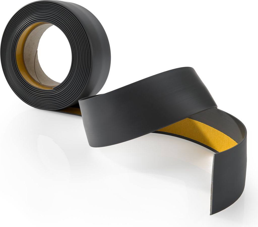 A roll of black self-adhesive PVC trim is shown with a section unrolled.