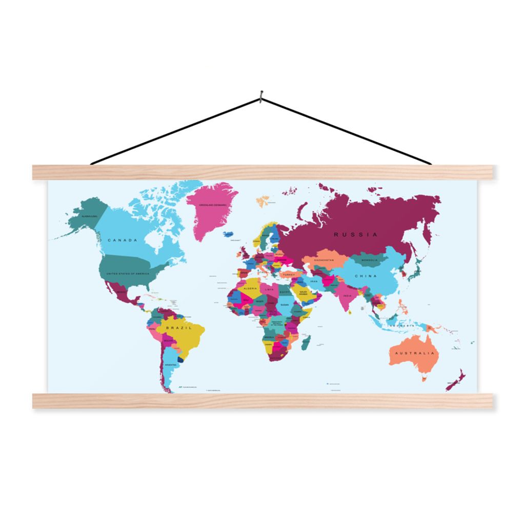 MuchoWow Textilposter Weltkarte - Trendig - Farbenfroh 120x60 cm mit holzfarbenen Rahmen - Klemmleiste