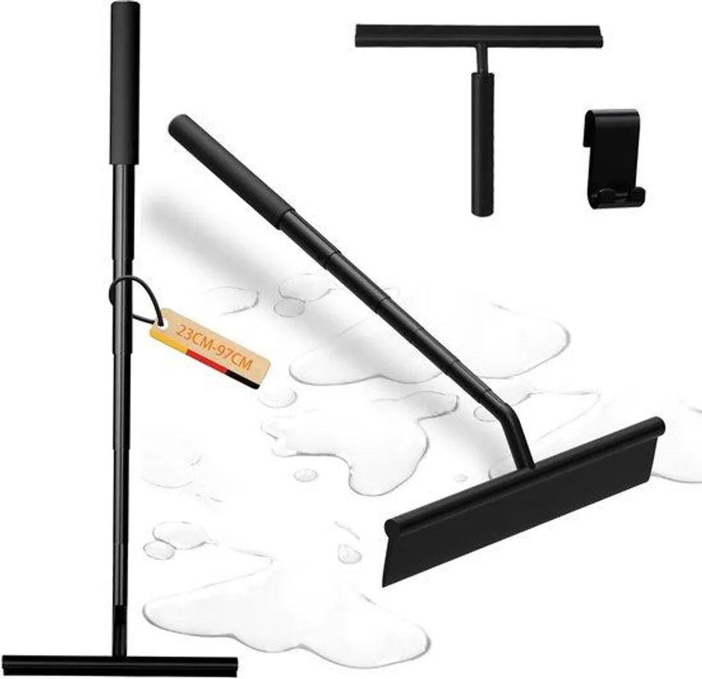 Racleur de douche noir design avec manche télescopique 97 cm et support