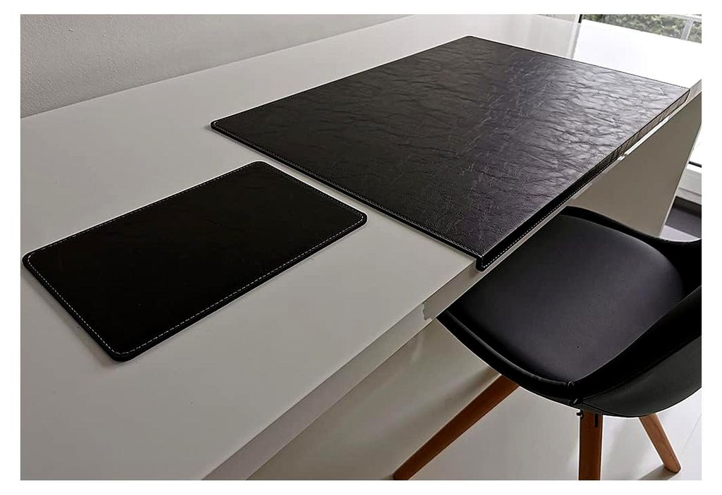 Gewinkelte Schreibtischunterlage mit Kantenschutz und Mauspad in Lora Leder 90 x 47 Schwarz