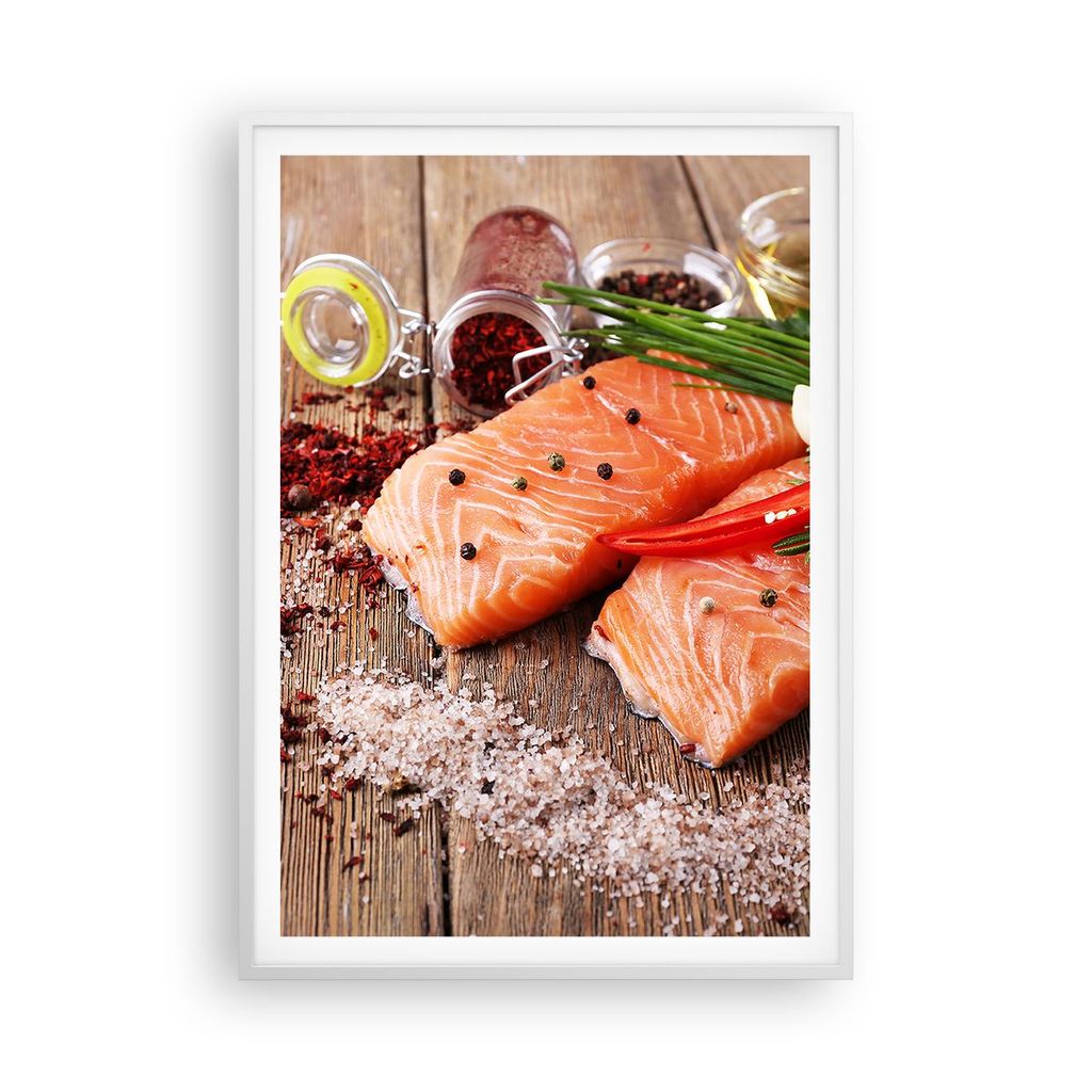 Gerahmtes Poster - Weißer Rahmen - Lachs Fisch Essen Küche - 70x100 cm - Wand Bild - Wanddeko - Wandbilder - Kunstposter - Wandposter - Bilderrah...