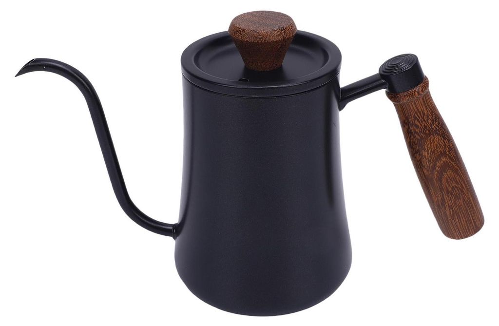 A black gooseneck kettle with a wooden lid and handle is shown against a white background.