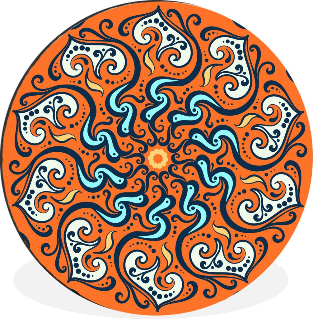 MuchoWow Aluminium Wandkreis Mandala - Blätter - Blau - Orange Ø 90 cm Wanddeko Modern Wohnzimmer - Mauerkreis - Wandbilder - Runde Bild - Bild...
