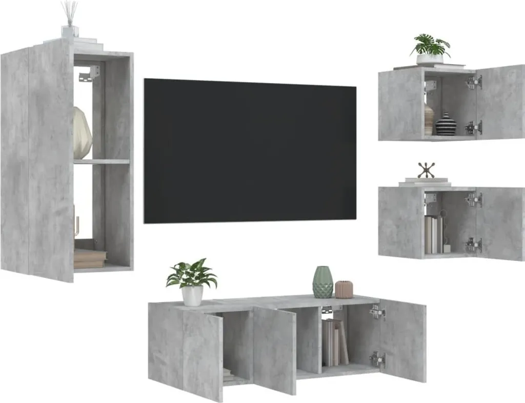 Ensemble TV LED Gris Béton 5 pcs en Bois d'Ingénierie Robuste et Élégant