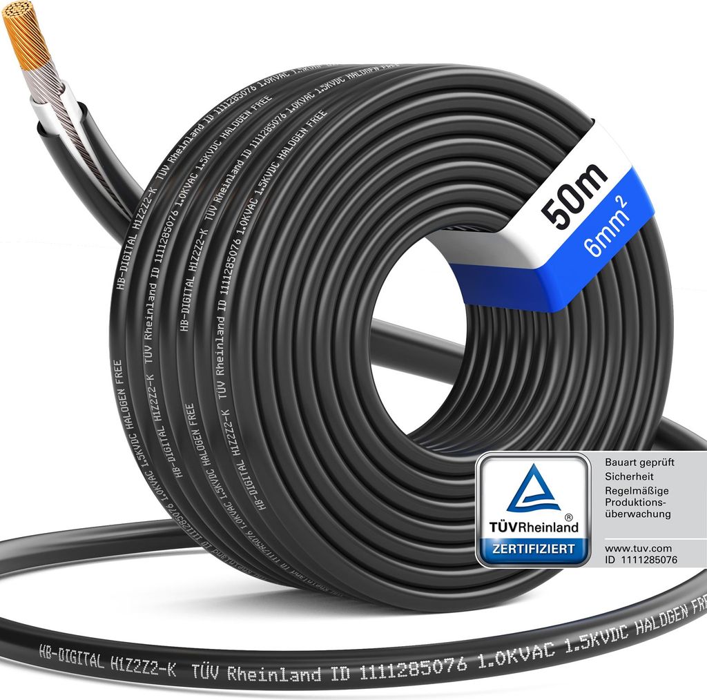 hb-digital Solarkabel 6mm2 H1Z2Z2-K Photovoltaik Kabel 50m für Solaranlagen schwarz