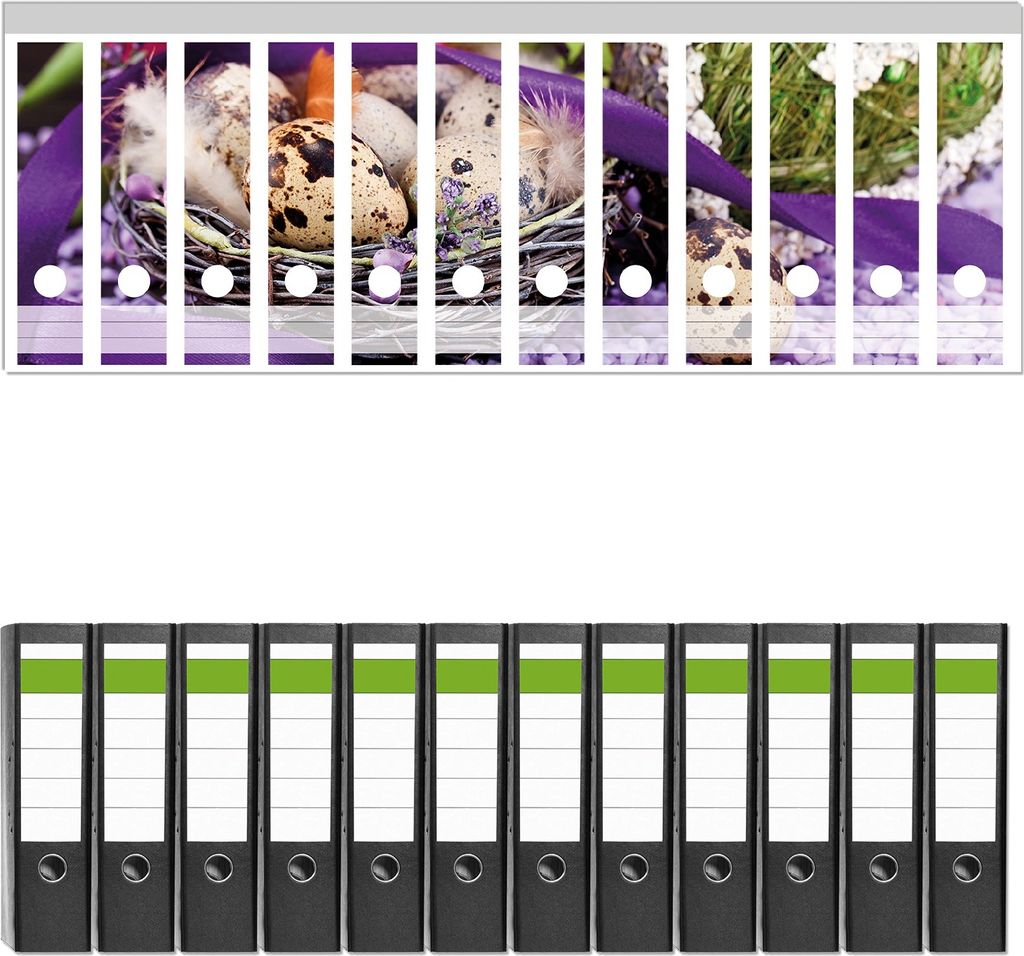 Wallario 12 Stück breite Ordner inkl. Klebeetiketten mit Motive Ostern - Stillleben II - Bunte Eier, Herzen und Tulpen - Set mit Rückenschildern...