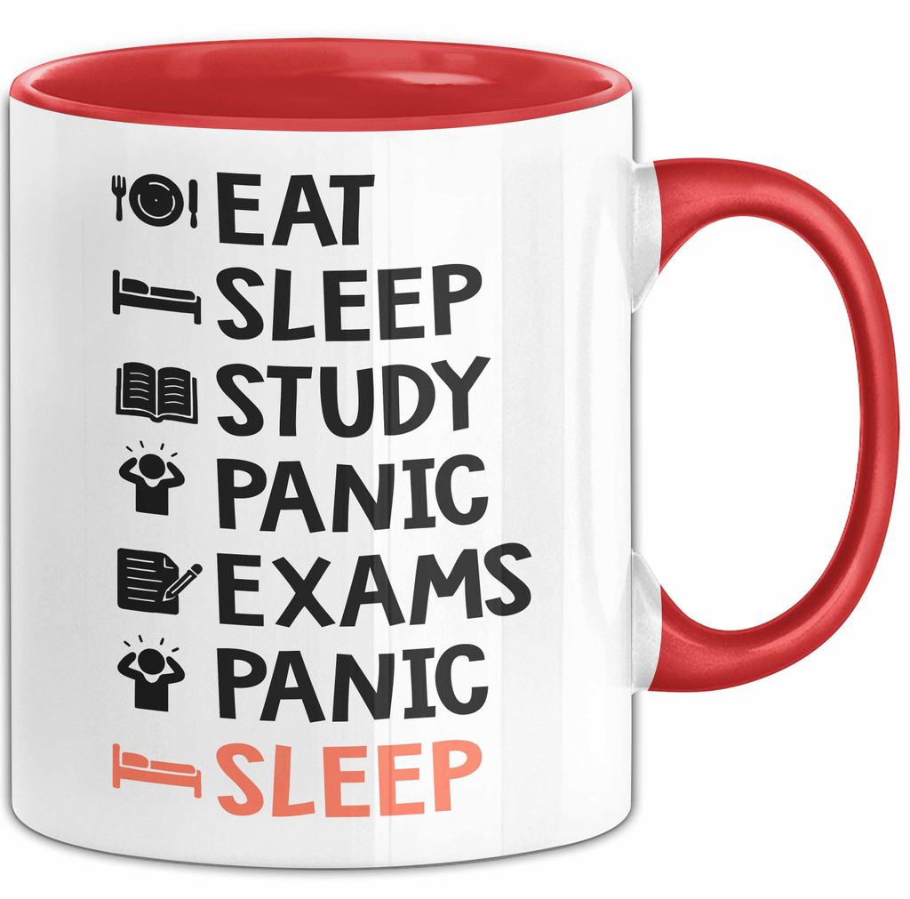 Medizinstudent Arzt Tasse Geschenk Lustige Geschenkidee Spruch Essen Schlafen Lernen Panik Prüfungen Panik Schlafen (Rot)