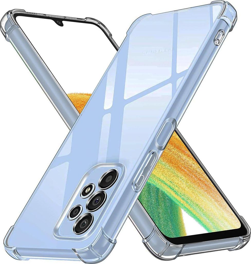 A clear protective phone case is shown from multiple angles, with a blurred phone screen visible inside.