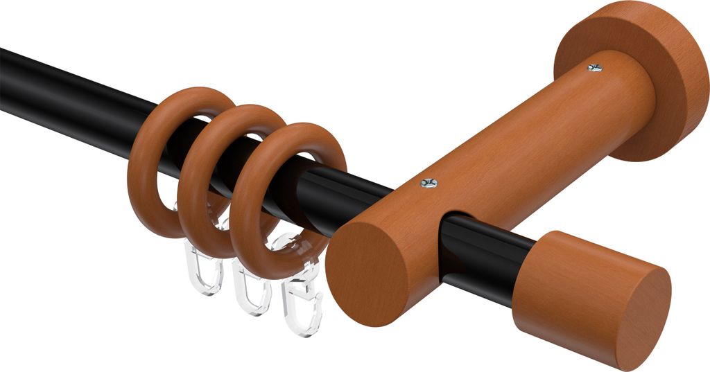 Interdeco Gardinenstange / Vorhangstange Schwarz / Kirschbaum lackiert, Typ Talena Feta (Kappe), 20 mm Ø 1-läufig, 520 cm