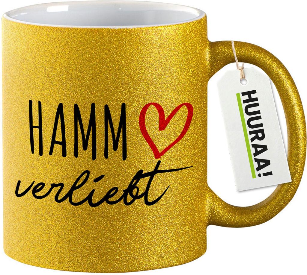 Huuraa Glitzertasse Hamm verliebt 330ml Gold Keramik Kaffeebecher Geschenkidee